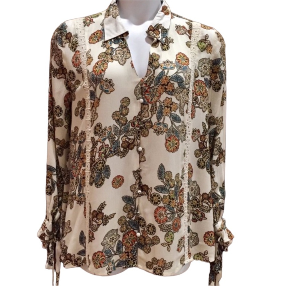 Blu Pepper Boho Floral Long Sleeve Embroidered Lace Button Down Top Large